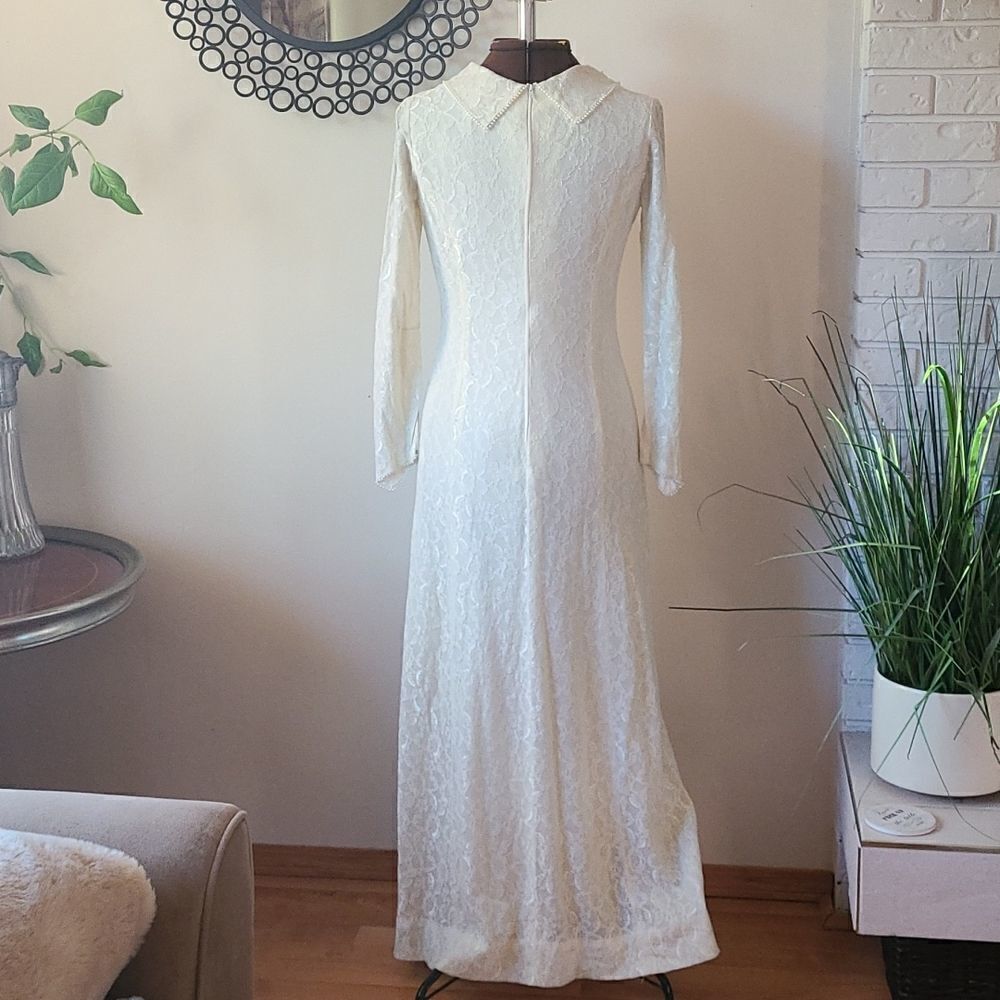 Vintage 60s 70s Ivory Lace Cowl Neck Gown Wedding S  - Picture 6 of 8